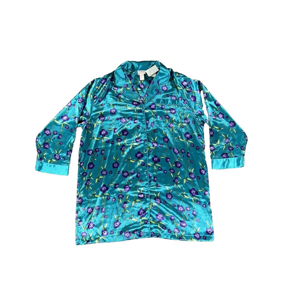 Chance Encounters Vintage Teal Green Pansy Floral Button Up Nightgown 2XL